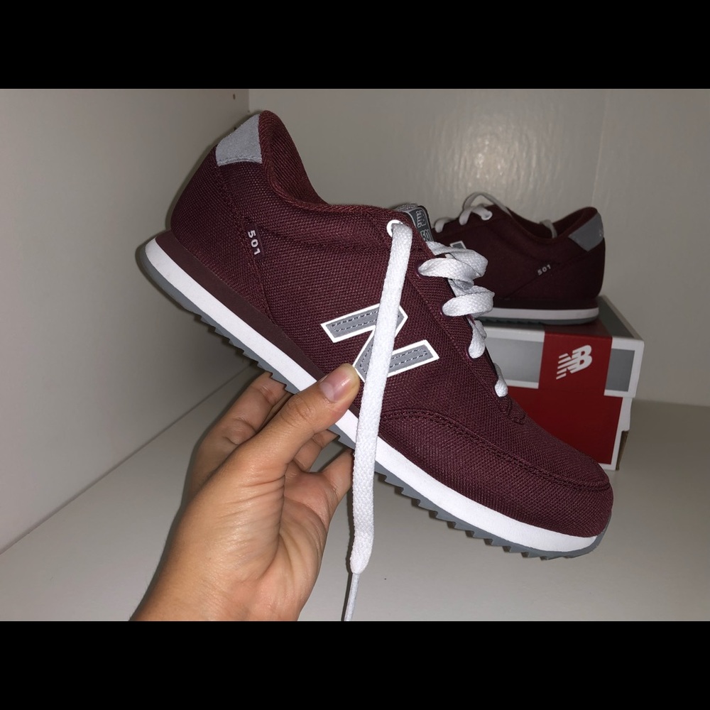 Maroon, white and grey New Balances